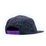 Adult Hat, Pride by Storied Hats: Features a rainbow design with a purple adjustable strap, made of sustainable fabric. Back view on white.