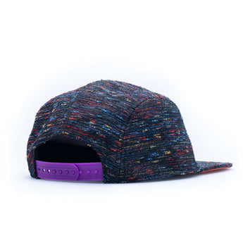 Adult Hat, Pride by Storied Hats: Features a rainbow design with a purple adjustable strap, made of sustainable fabric. Back view on white.