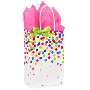Gift wrapping by Zoolikins | Childrens Boutique features multicolored dots, a green bow, and pink tissue paper—ideal for cheerful cards.