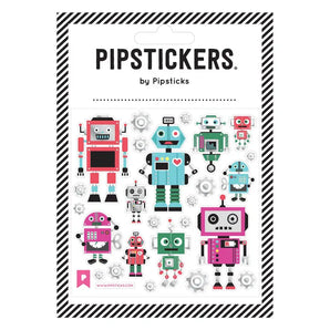 Pipsticks Stickers, Bots & Bolts features cartoon robots in red, teal, purple, with holographic silverfoil gears scattered around.