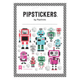 Pipsticks Stickers, Bots & Bolts features cartoon robots in red, teal, purple, with holographic silverfoil gears scattered around.