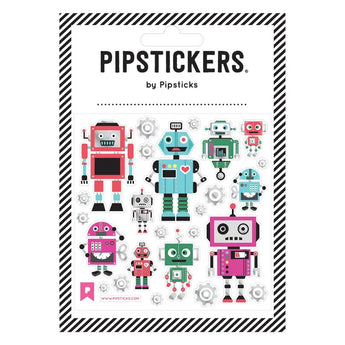 Pipsticks Stickers, Bots & Bolts features cartoon robots in red, teal, purple, with holographic silverfoil gears scattered around.