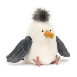 Meet Jellycats Chip Seagull, the plush bird with a white body, gray wings, orange beak, and pink feet—a true beach delight!.