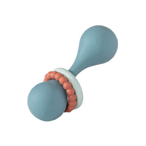 Mary Meyers Simply Silicone Slate Rattle has a central pink and white grip, food-safe silicone, and textured ends for teething.