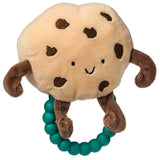 Mary Meyers Rattle, Cookie features a smiling plush cookie with chip spots and a BPA-free teal beaded ring handle teether.