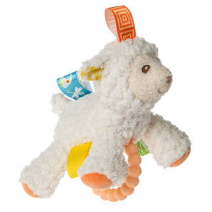 The Mary Meyer Rattle Sherbet Lamb has colorful satin tags and a silicone teether, designed to stimulate infants touch.