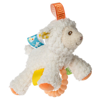 The Mary Meyer Rattle Sherbet Lamb has colorful satin tags and a silicone teether, designed to stimulate infants touch.