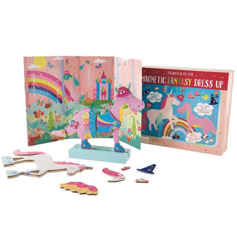Floss and Rocks Wooden Magnetic Dress Up Toys feature fantasy pets with colorful outfits against a unicorn and dragon backdrop.