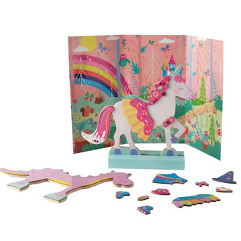 Floss and Rocks Wooden Magnetic Dress Up Toys feature Fantasy Pets with a unicorn, rainbow backdrop, and interchangeable outfits.