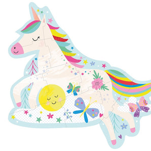 Floss and Rocks 12 Piece Puzzle: A rainbow unicorn with closed eyes, stars, butterflies, flowers & a smiling sun near its hooves.