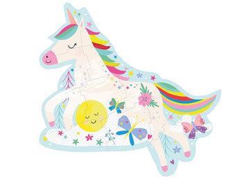 Floss and Rocks 12 Piece Puzzle: A rainbow unicorn with closed eyes, stars, butterflies, flowers & a smiling sun near its hooves.