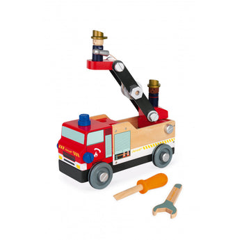 Janod Juratoys Fire Truck: Wooden with movable boom, 2 figures, and tools for construction fun.