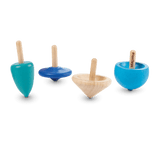 Four vibrant PlanToys wooden Spinning Tops in diverse shapes and sizes on a black background, sustainably crafted.