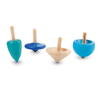 Four vibrant PlanToys wooden Spinning Tops in diverse shapes and sizes on a black background, sustainably crafted.