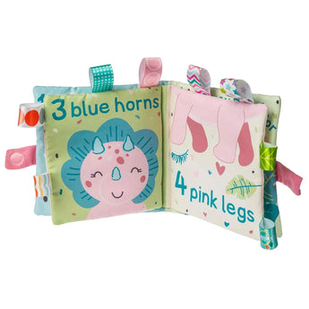 Mary Meyers Aroarasaurus Soft Book: Triceratops-themed with 3 blue horns & Taggies ribbons—ideal for bedtime tales and tactile play.
