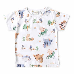 Snuggle Hunnys Organic T-Shirt for kids showcases fun blue and green dragon, tree, and castle prints on certified organic cotton.