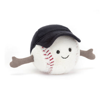 From Jellycats collection, this Amuseable Sports Baseball features a smiling face, black cap, and fabric arms.