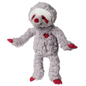 Plush, Sweetheart Sloth: fluffy light gray sloth stuffed animal with red details on eyes, hands, & feet, and red heart on chest.