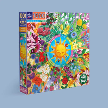 The Eeboo 1000 Piece Puzzle, Flower Calendar, showcases a vibrant floral design with a sun, made from sustainable materials.