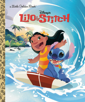 Lilo & Stitch surf joyfully on a wave, just like in the Lilo & Stitch Hardcover Book by Random House.