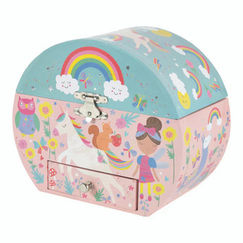 The Floss and Rock Musical Jewelry Box, Rainbow Fairy features a pastel box with clouds, unicorns, a girl in pink, and floral designs.