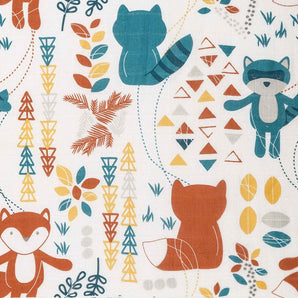 Lulujo Inc.s Security Blanket: 100% cotton with teal/orange foxes, geometric patterns, and leaves on a white background.