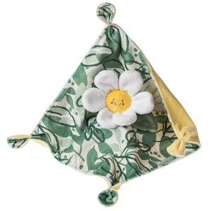 The Mary Meyer Sweet Soothie Blanket, Daisy is a soft square with a green leaf design and plush smiling daisy, plus knotted corners for tactile fun.