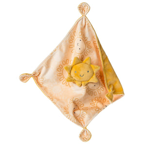 Mary Meyers Sweet Soothie Blanket: a pale yellow baby blanket with a smiling sun and sunshine pattern.