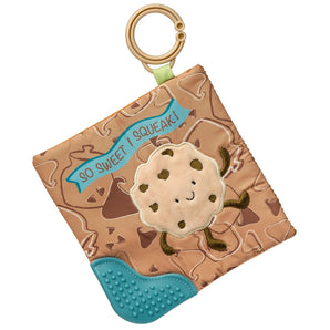 Mary Meyers Crinkle Teether, Cookie design: smiling face, crinkle texture, teething area. Banner: So Sweet I Squeak!.