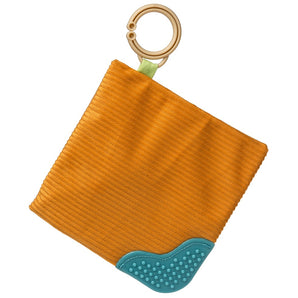 Mary Meyers Crinkle Teether, Cookie: Textured orange cloth with crinkle, teal silicone corner & beige ring for attachment.