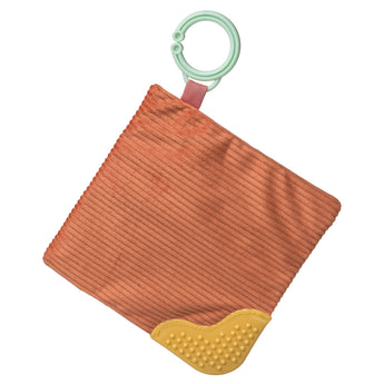 The Mary Meyer Crinkle Teether, Cactus is a rust-colored, textured baby blanket with a green ring and ribbed yellow teether. Perfect activity toy.