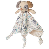 Mary Meyers Sparky Puppy Character Blanket: plush dog head, tactile blanket with soft knots, featuring blue & grey animal/plant designs.