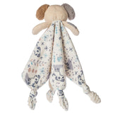 Mary Meyers Sparky Puppy Character Blanket has floppy ears, knotted corners, and a playful dogs, bees, and leaves pattern.