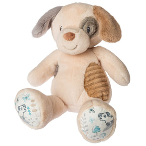 The Mary Meyer Plush, Sparky Puppy has a soft fabric with beige and brown patches and printed tiny trees and dogs on its feet.