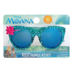 Sunstaches Arkaid Moana Blue Glitter sunglasses: impact-resistant blue lenses, UV protection, pink flower design, themed packaging.