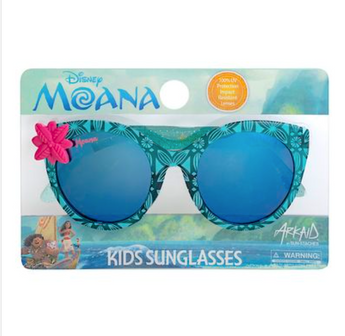 Sunstaches Arkaid Moana Blue Glitter sunglasses: impact-resistant blue lenses, UV protection, pink flower design, themed packaging.