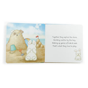 Inside of Best Friends Indeed Board Book with illustration of bunny on a beach and story text.