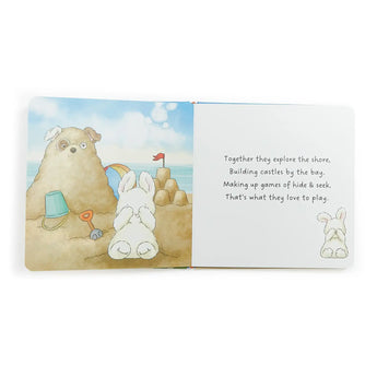 Inside of Best Friends Indeed Board Book with illustration of bunny on a beach and story text.