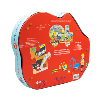 Floss and Rocks 40 Piece Puzzle, Construction: A digger-themed tin puzzle for ages 3+ featuring vibrant machinery and worker images.