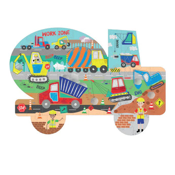 The Floss and Rock 40 Piece Construction Puzzle features a lively digger scene with trucks, tools, and workers in action.