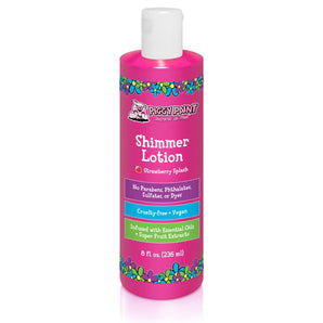 Strawberry Splash Shimmer Lotion by Piggy Paint, 8 fl oz, pink bottle, strawberry scent. Vegan, cruelty-free, paraben & dye-free.