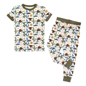 Emerson and Friends PJs, Howdy: buttery soft bamboo pajamas with green, brown & blue cactus, cowboy hats, boots & sun prints.