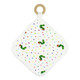 Lovedbaby Lovey with removable maple ring: white cloth, colorful polka dots, and caterpillar designs.