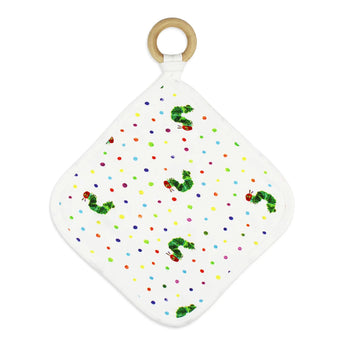 Lovedbaby Lovey with removable maple ring: white cloth, colorful polka dots, and caterpillar designs.