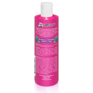 Pink Piggy Paint bottle of Strawberry Splash Shimmer Lotion with a white cap, ingredient list, and details in white text on the back.