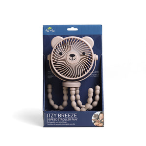 Itzy Breeze Stroller Fan: cream fan with bear ears & face and 3 adjustable arms in dark blue packaging with Itzy Ritzy logo.