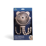Itzy Breeze Stroller Fan: cream fan with bear ears & face and 3 adjustable arms in dark blue packaging with Itzy Ritzy logo.