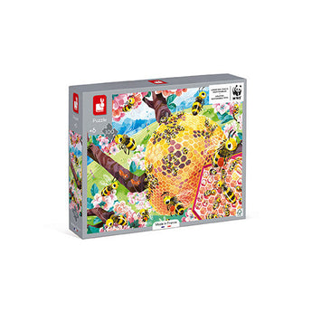 100 Piece Puzzle, Bee Life by Janod Juratoys: bees around a honeycomb on a tree with pink flowers. Suitable for ages 6+.
