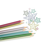 Five Modern Metallics Colored Pencils by OOLY add sparkle to your coloring book adventures, sketching stars on a white canvas.