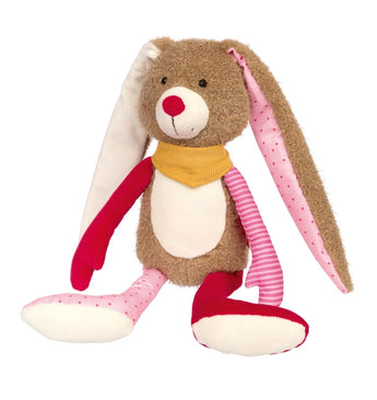 Sigikids Plush Patchwork Bunny is soft with floppy ears, a yellow scarf, red nose, and cute pink polka-dot and striped details.